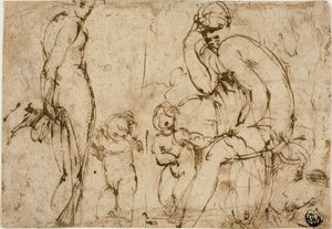 Venus og Mars med putti (recto); Skægget mand bevæger sig mod højre (verso) af Circle of Parmigianino