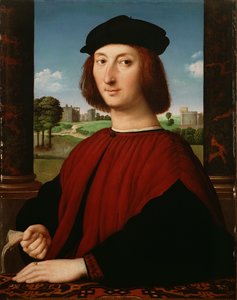 Portræt af en ung mand i rødt af Circle of Raphael