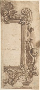 Design til en halvramme dekoreret med engle, volutter og guirlander., 1634-89. af Ciro Ferri.