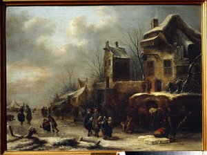 Skøjtebane på en flod. Maleri af Claes Molenaer (Klaes Molenaer af Claes  Molenaer