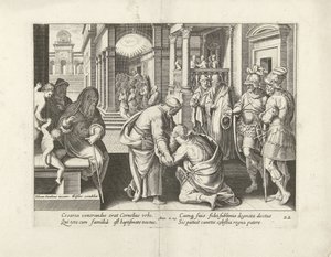 Cornelius knæler foran Petrus Apostlenes Gerninger (serietitel) Acta Apostolorum (serietitel) af Claes Jansz. Visscher (II) (attributed to workshop of)