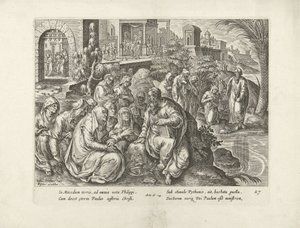 Paulus omvender kvinderne i Filippi Apostlenes Gerninger (serietitel) Acta Apostolorum (serietitel) af Claes Jansz. Visscher (II) (attributed to workshop of)
