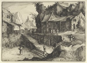Bjerglandsby med huse og trapper Hollandske landskaber (serietitel) Amaeniores Aliquot Regiunculae (serietitel på objekt)