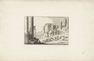 Bakket landskab med springvand og hyrder Italienske landskaber med ruiner (serietitel) Variae antiquitates Romanae (serietitel på objekt) af Claes Jansz. Visscher (II)