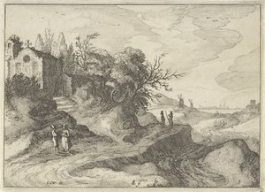 Kapel på en snoet landevej Hollandske landskaber (serietitel) Amaeniores Aliquot Regiunculae (serietitel på objekt) af Claes Jansz. Visscher (II)