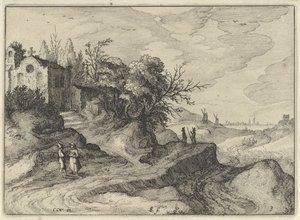 Kapel på en snoet landevej Hollandske landskaber (serietitel) Amaeniores Aliquot Regiunculae (serietitel på objekt) af Claes Jansz. Visscher (II)