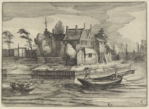 Slupper ved et gods Hollandske landskaber (serietitel) Amaeniores Aliquot Regiunculae (serietitel på objekt) af Claes Jansz. Visscher (II)