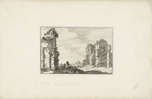 To hyrder ved en ruin Italienske landskaber med ruiner (serietitel) Variae antiquitates Romanae (serietitel på objekt) af Claes Jansz. Visscher (II)