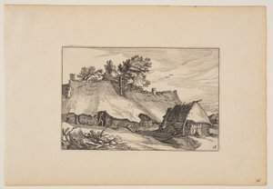 En gård, mand i døråbningen, fra Landskaber (Verscheyden aerdige Lanthuysen...) af Claes Jansz. Visscher