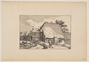 En gård, mand med to spande på stien foran, fra Landskaber (Verscheyden aerdige Lanthuysen...)
