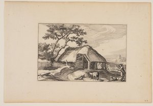 Stald, hyrde hviler på sin pind i højre forgrund, fra Landskaber (Verscheyden aerdige Lanthuysen...)