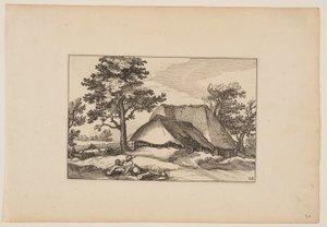 Skure, hvilende flok og hund i forgrunden, fra Landskaber (Verscheyden aerdige Lanthuysen...) af Claes Jansz. Visscher
