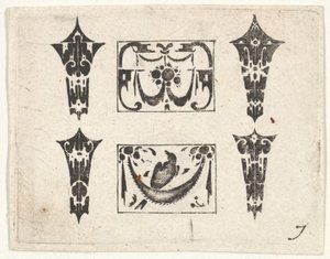 Sorttryk med to vandrette paneler og fire rammer, ca. 1620.