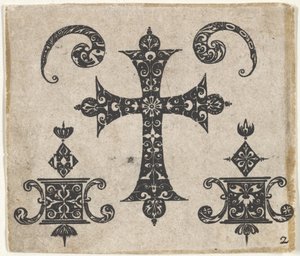 Sorttryk med latinsk kors og små motiver, ca. 1620. af Claes Jansz Visscher