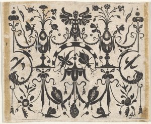 Sorttryk med et symmetrisk grotesk mønster, ca. 1620.