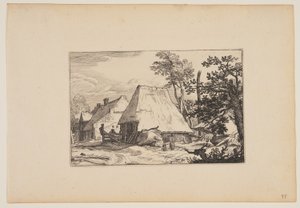 Bondegård, mand hviler på et hegn til venstre for midten, fra Landskaber (Verscheyden aerdige Lanthuysen...)
