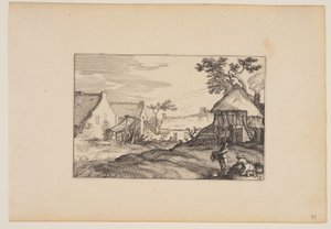 Gårdsplads Ung mand og kvinde i forgrunden, fra Landskaber (Verscheyden aerdige Lanthuysen...) af Claes Jansz. Visscher