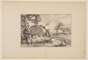 Gammel mand og kvinde hviler sig ved en dam, fra Landskaber (Verscheyden aerdige Lanthuysen...) af Claes Jansz. Visscher
