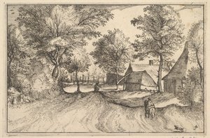 Village Road, plade 4 fra hertugdømmet Brabant, ca. 1610 af Claes Jansz Visscher