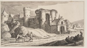 En bonde med en hest på en vej nær bymuren, fra Landskaber (Playsante Lantschappen) af Claes Jansz. Visscher II