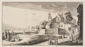 Blegningsfelt foran et fort ved en flod, fra Landskaber (Playsante Lantschappen)