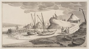 Både på land nær et vagttårn, fra Landskaber (Playsante Lantschappen)