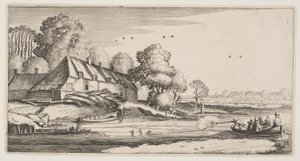 Andeskydning fra en robåd i nærheden af en gård, fra Landskaber (Playsante Lantschappen) af Claes Jansz. Visscher II