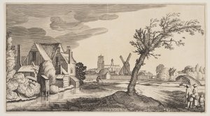 Hus ved en dam uden for en by, fra Landskaber (Playsante Lantschappen) af Claes Jansz. Visscher II