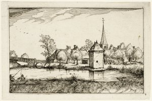 Pond and a Village, plade femten efter billeder af gårde, landhuse og rustikke landsbyer (Praediorum villarum et rusticarum casularum icones) af Claes Jansz. Visscher II