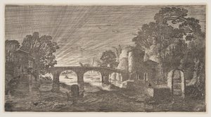 Solnedgang over en flod, fra Landskaber (Playsante Lantschappen) af Claes Jansz. Visscher II