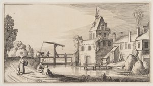 Landsby ved en flod, fra Landskaber (Playsante Lantschappen) af Claes Jansz. Visscher II