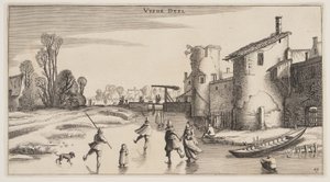 Vinterlandskab med skøjteløbere langs en bymur, fra Landskaber (Playsante Lantschappen) af Claes Jansz. Visscher II