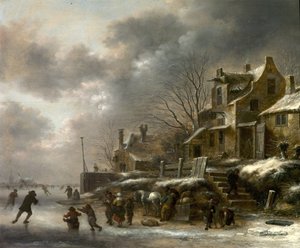 Vinterscene, flod med kunstskøjteløb, 1671 af Claes Molenaer