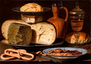 Hollandsk: Stilleben med ost, mandler og saltkringler Stilleben med ost, mandler og saltkringler