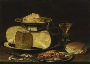Stilleben med oste, Glas à la façon de Venise og krebs på tintallerken