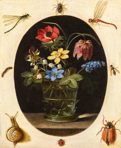 Stilleben med blomster omgivet af insekter og en snegl