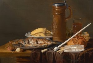 Stilleben med lerpibe. Omkring 1630 af Charlotte Evans