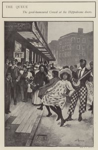 En godmodig kø uden for dørene til London Hippodrome (litho) af Clarence F. Underwood