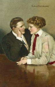 Par i alvorlig diskussion (farvelitografi)