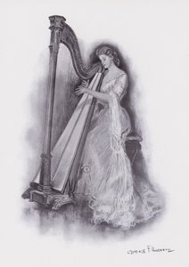 Kvinde spiller på en harpe (farve litho)