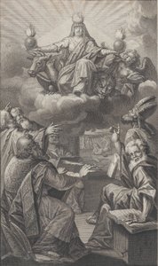 Allegorisk skikkelse dukker op på skyer over hovedet, mens en gruppe mænd, der er samlet nedenfor, ser ud..., 1728.
