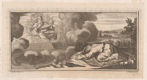 Allegorisk eller bibelsk scene med en knælende figur for en mand på en trone med flammer af Claude Augustin Duflos