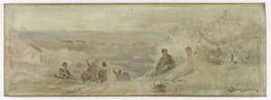 Skitse til rådhuset i Montreuil-sous-Bois: Landscape - Resting under the trees, i 1892 (olie på lærred) af Claude Charles Bourgonnier