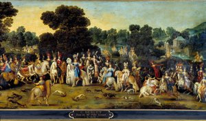 De fire elementer: "Luft". Jagtscene i parken ved et slot. Detalje. Maleri af Claude Deruet (1588-1662) 1641 søn. 1,14x2,58 m Orleans, musee des Beaux Arts