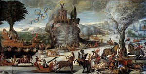 De fire elementer: Vandscene vinterlandskab, Kong Ludvig XIII er repræsenteret i Neptun, Anne af Østrig i Amphitrite, Prins og fremtidige Kong Ludvig XIV på en båd. Maleri af Claude Deruet (1588-1662). Svag. 2,27 x 1,12 m. 1640-1641. Orleans. Museum af af Claude Deruet
