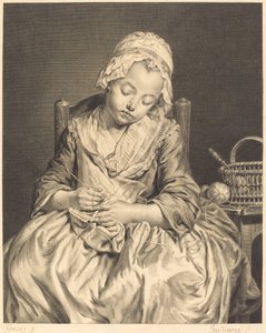 Den sovende strikker af Claude Donat Jardinier after Jean Baptiste Greuze
