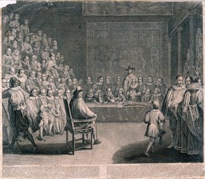 Retssagen mod kong Charles I, Palace of Westminster, c1725 af Claude Dubosc