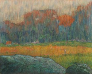 Landskab med Figur og Huse, ca. 1891.
