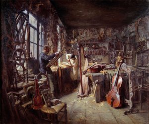 En restauratør i sit værksted fyldt med instrumenter. Maleri af Claude Firmin (1864-1944) 1896 Avignon musee Calvet OBS! Brug af dette værk kan være underlagt en anmodning om tredjepartsgodkendelse eller yderligere gebyrer af Claude Firmin
