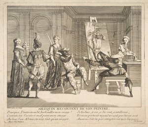 Harlekin utilfreds med sin maler.n.d. Skaber: Claude Gillot, Jacques Gabriel Huquier.